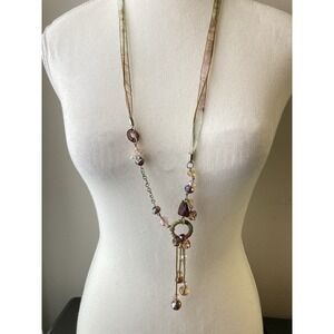 Cookie Lee Artisan Ribbon Necklace Pink Purple Crystal Beads Pendant Fairy Long